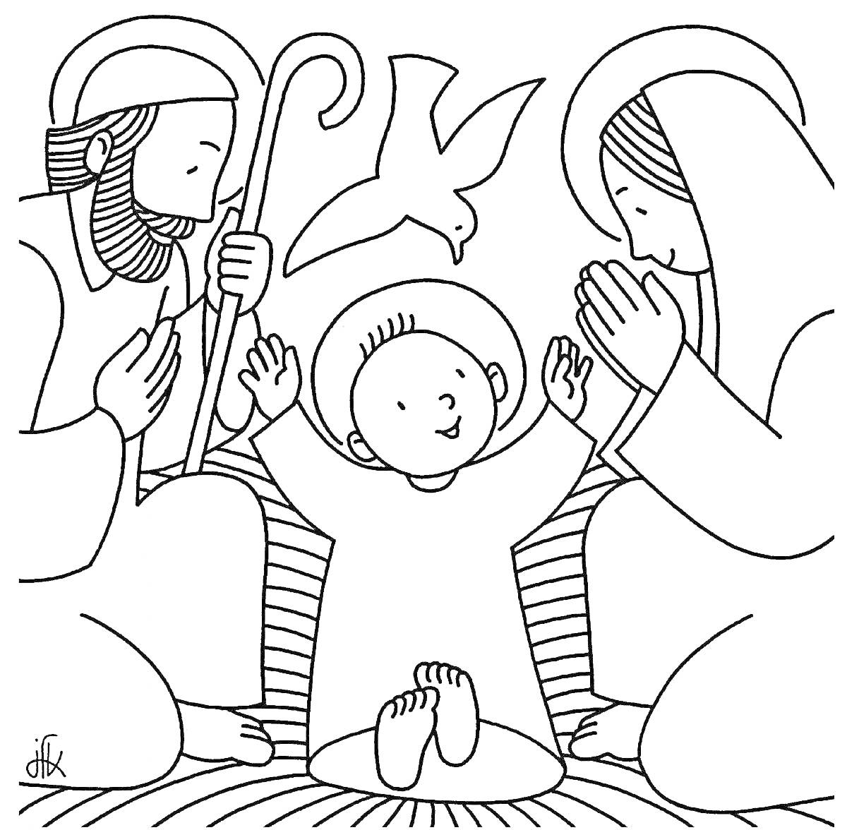 На раскраске изображено: Рождество, Колядки, Младенец Иисус, Мария, Иосиф, Святое семейство, Голуби