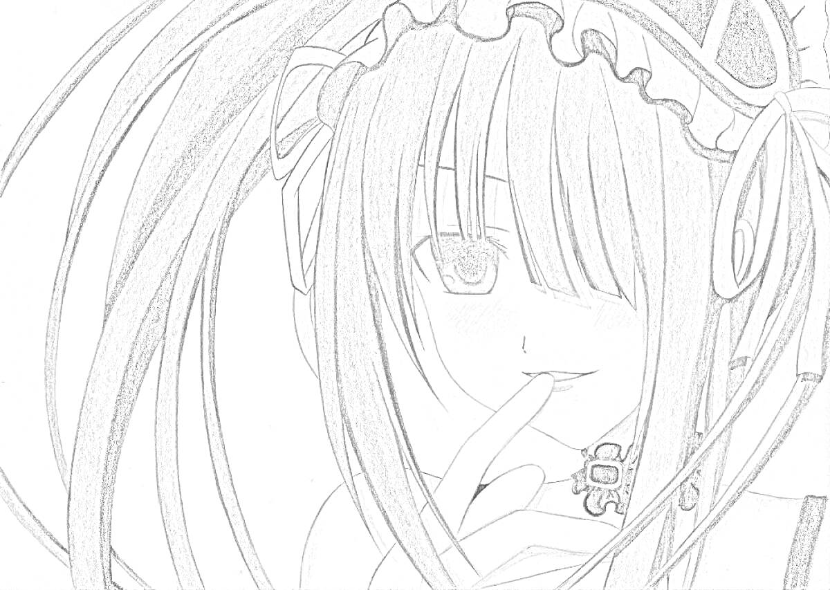 Раскраска Девочка с длинными волосами и бантом, засмущавшаяся и прикрывающая рот рукой