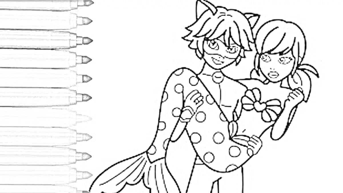 Раскраска Леди Баг в виде русалки в руках у героя в маске и с ушками, на фоне набор карандашей