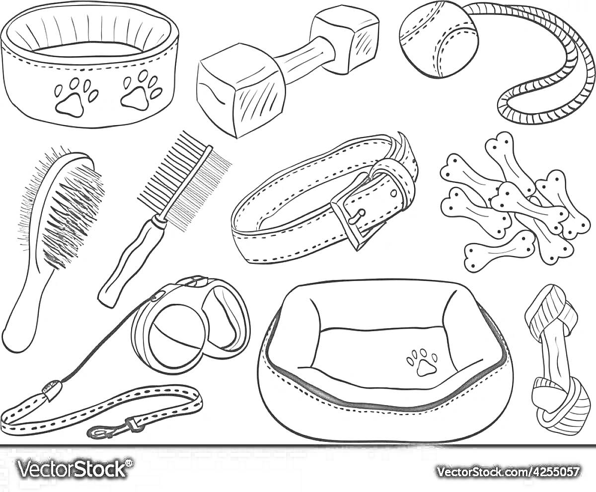 Раскраска миска, игрушка-гантель, мяч, щётка, расчёска, ошейник, кости, поводок с рулеткой, кровать-домик для собаки, обувь для собаки