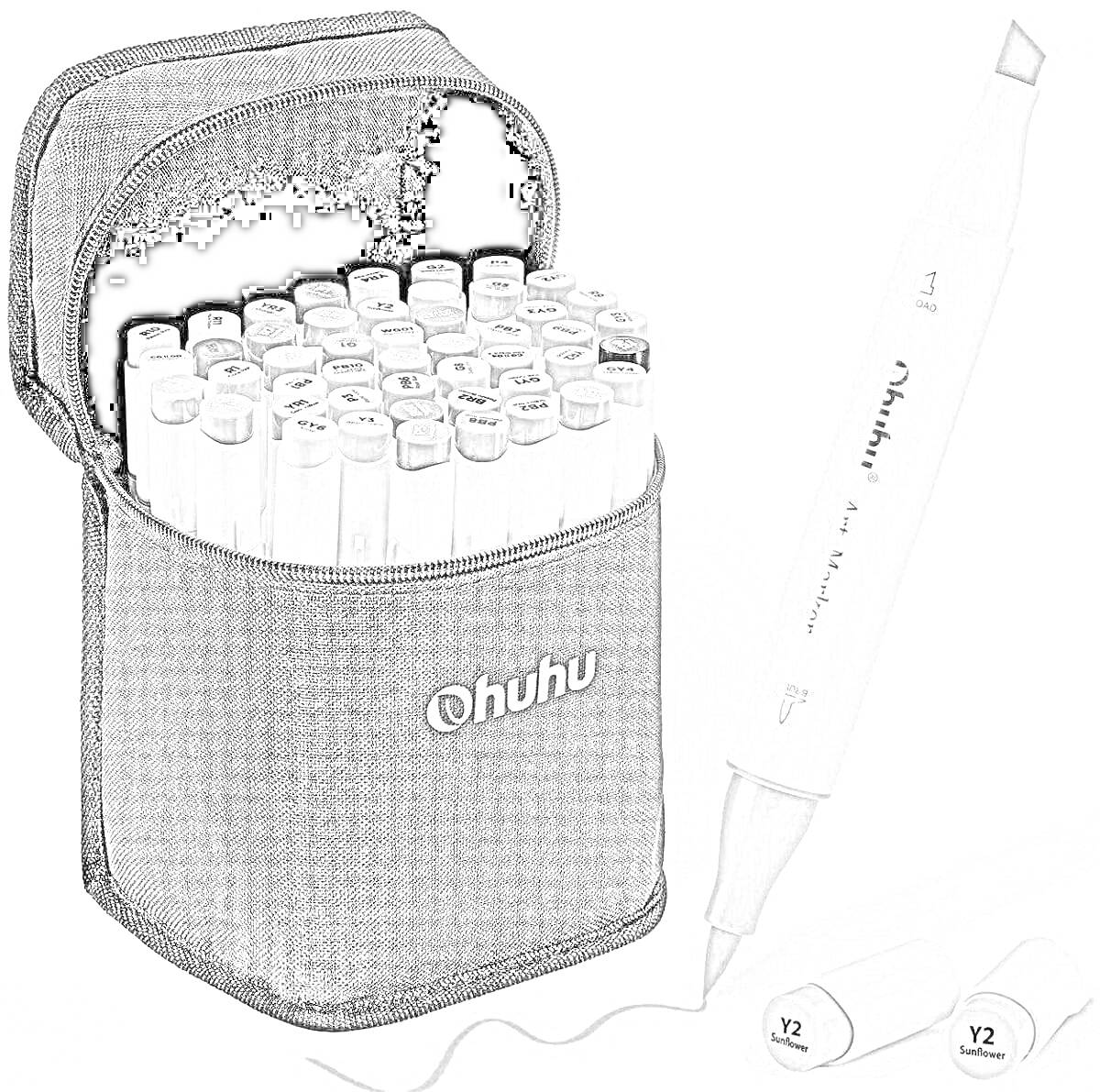 Раскраска Набор скетч-маркеров в черном чехле Ohuhu, один вынутый маркер, два закрытых колпачка