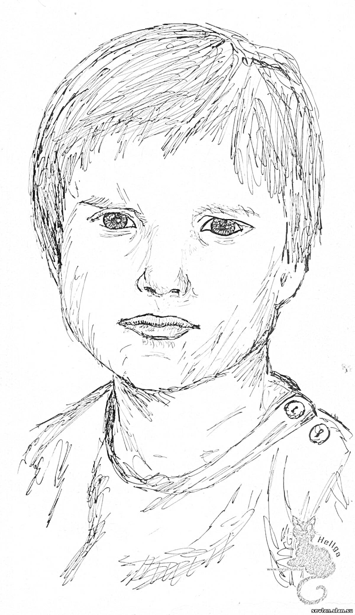 Раскраска Портрет мальчика с короткими волосами, в рубашке с кнопками и котом с надписью 