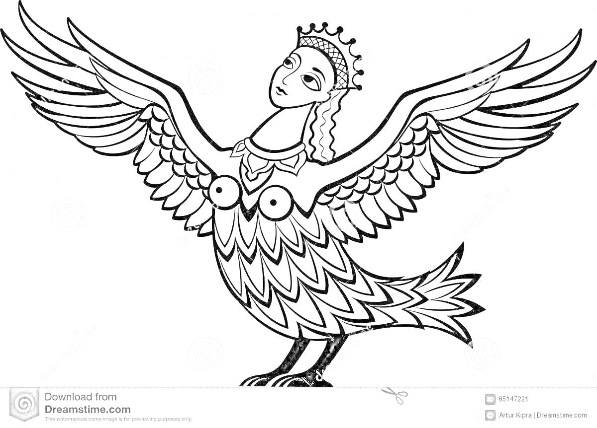 Раскраска Сирин птица с крыльями, короной, и человеческим лицом