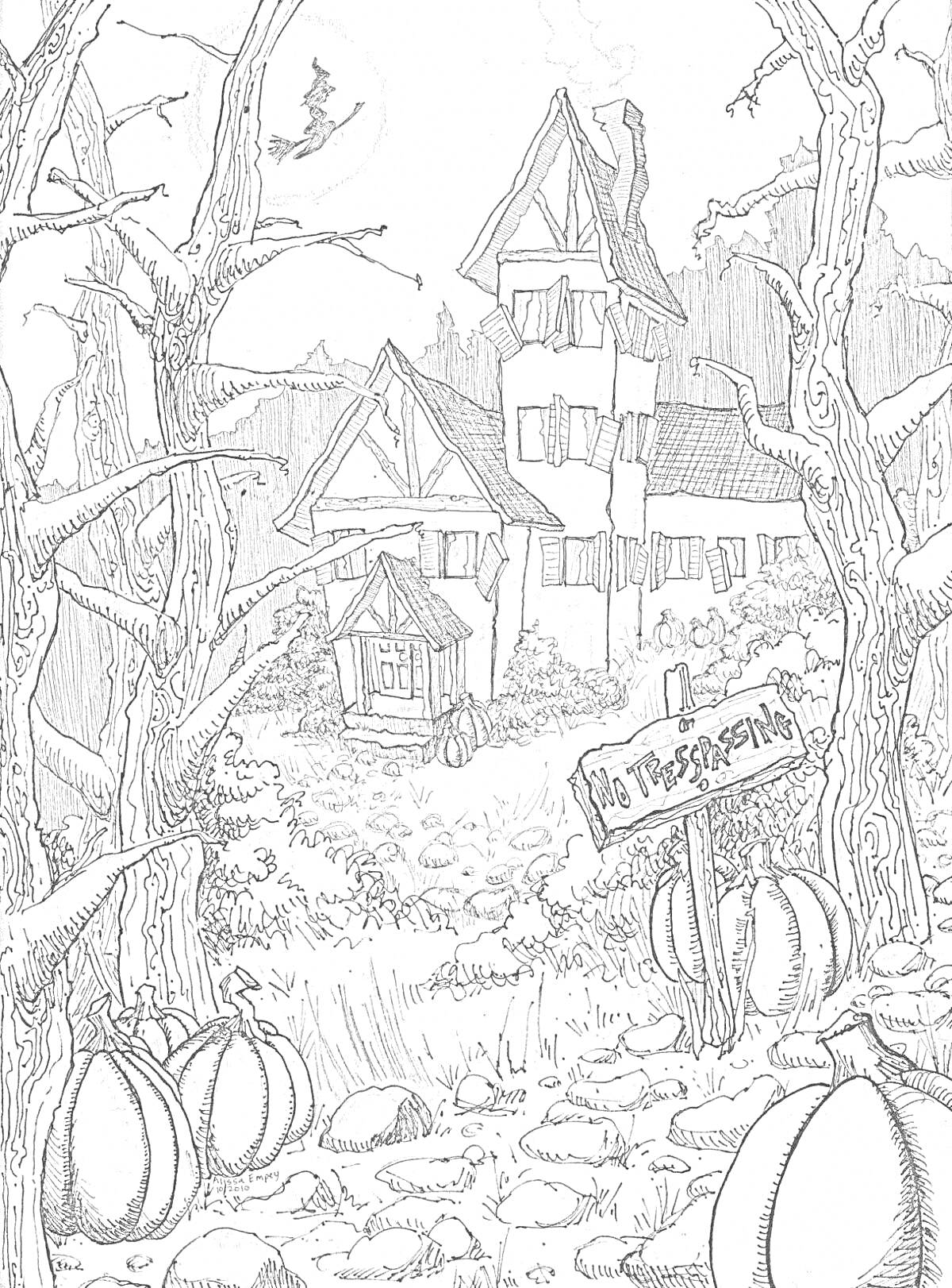 На раскраске изображено: Заброшенный дом, Летучая мышь, Табличка, Деревья, Ночь, Луна