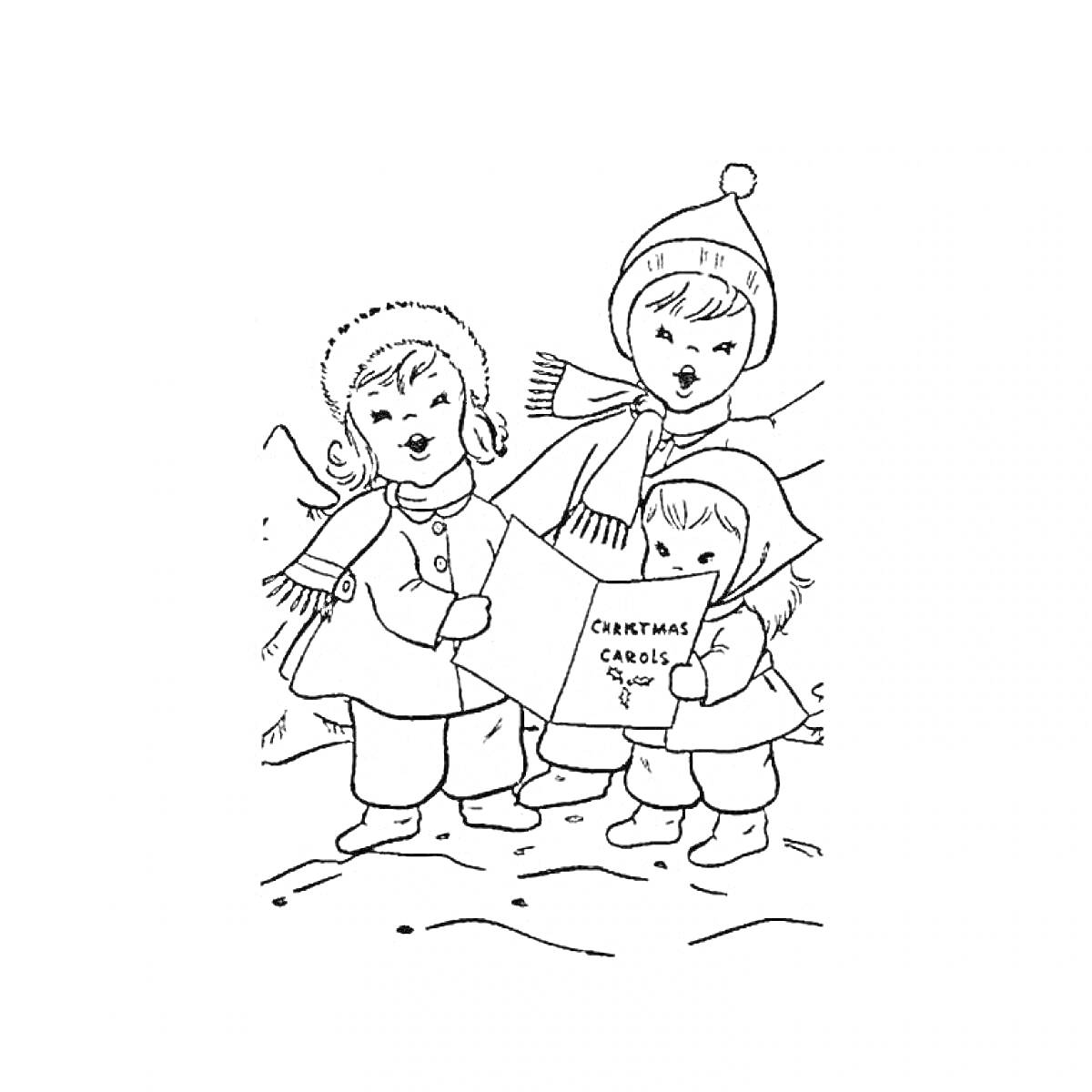 Раскраска Дети поют колядки на Рождество: три ребенка, один мальчик и две девочки, одеты в зимнюю одежду - шапки, шарфы и куртки, держат книги с колядками