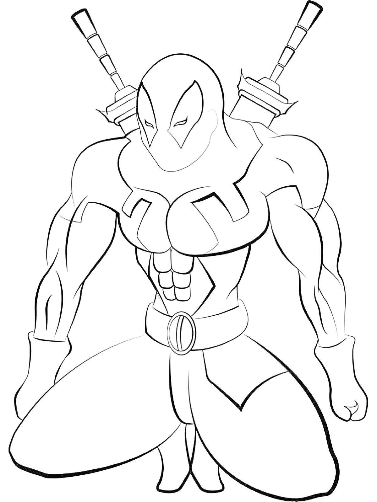 Раскраска Супергерой из Марвел с двумя мечами за спиной в маске и костюме, опустившийся на одно колено