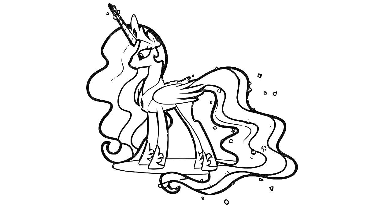 Раскраска Пони с рогом, крыльями и длинной гривой, украшенной звёздами