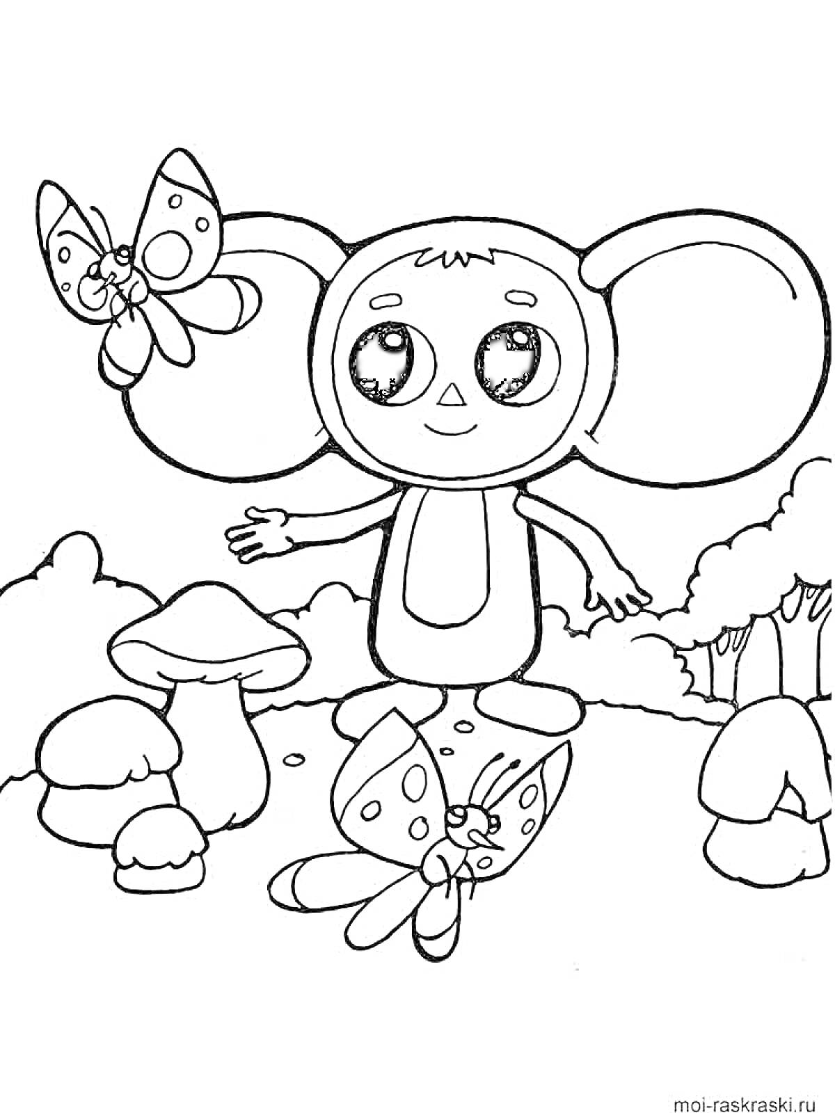 РаскраскаЧебурашка с бабочками на поляне с грибами
