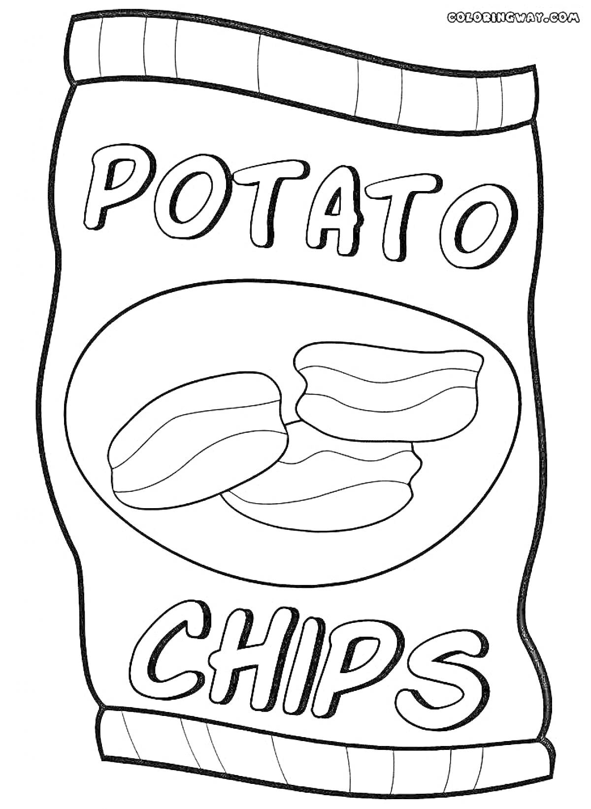 На раскраске изображено: Чипсы, Картофельные чипсы, Упаковка, Еда, Закуски