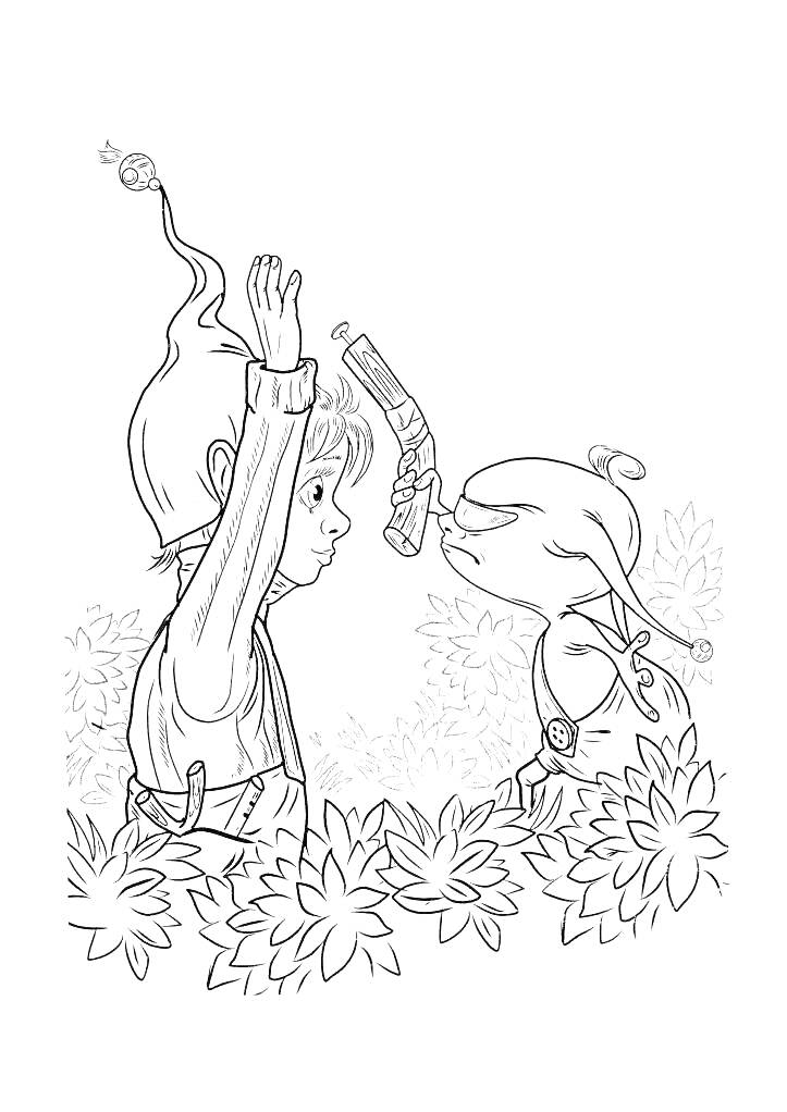 Раскраска Джинглик с поднятыми руками и другой джинглик с пистолетом, в окружении кустов
