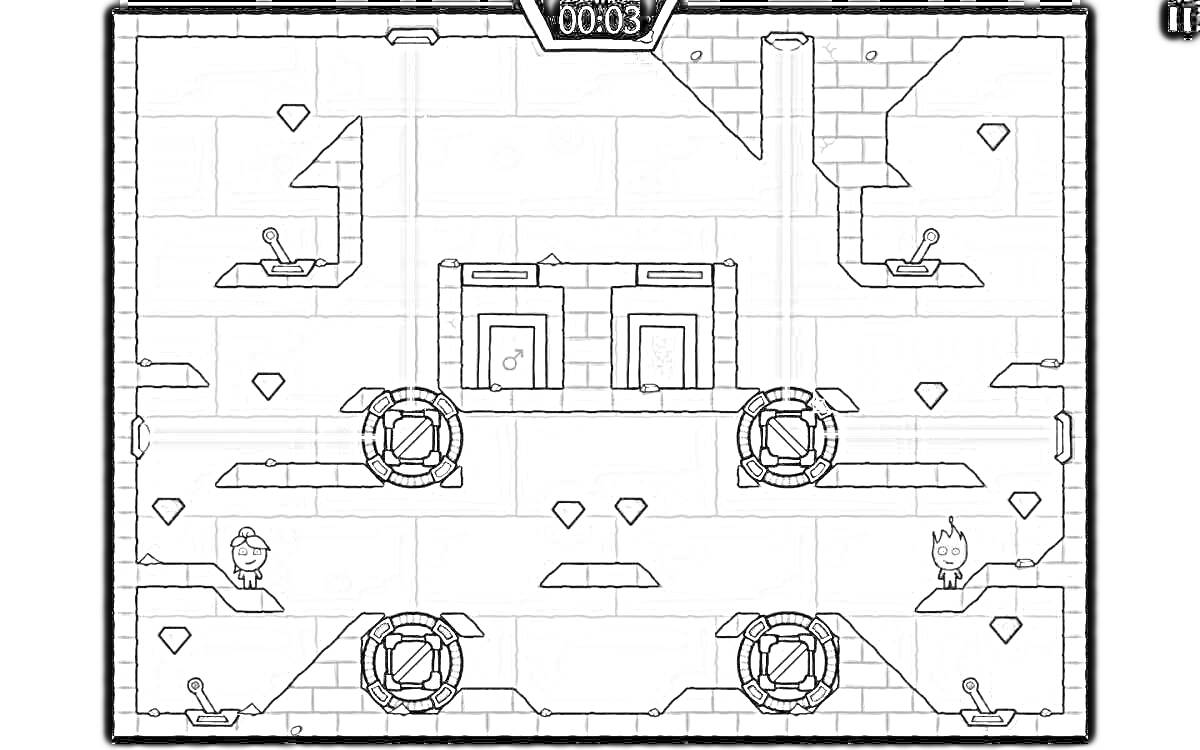 Раскраска лабиринт с алмазами и рычагами для двоих игроков