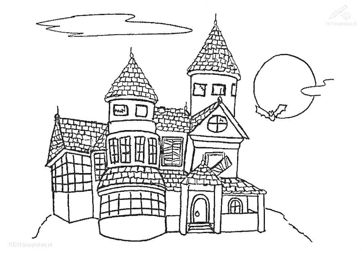 На раскраске изображено: Дворец, Башни, Дверь, Окна, Луна, Летучая мышь