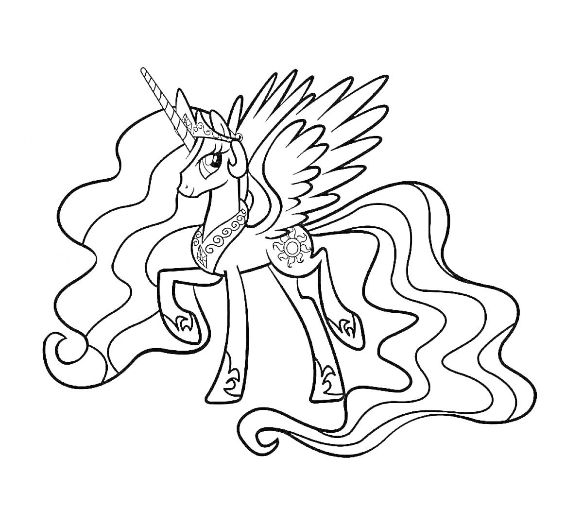 Раскраска Пони с длинной гривой, крыльями и короной на голове, изображение включает магический рог и узор солнца на боку