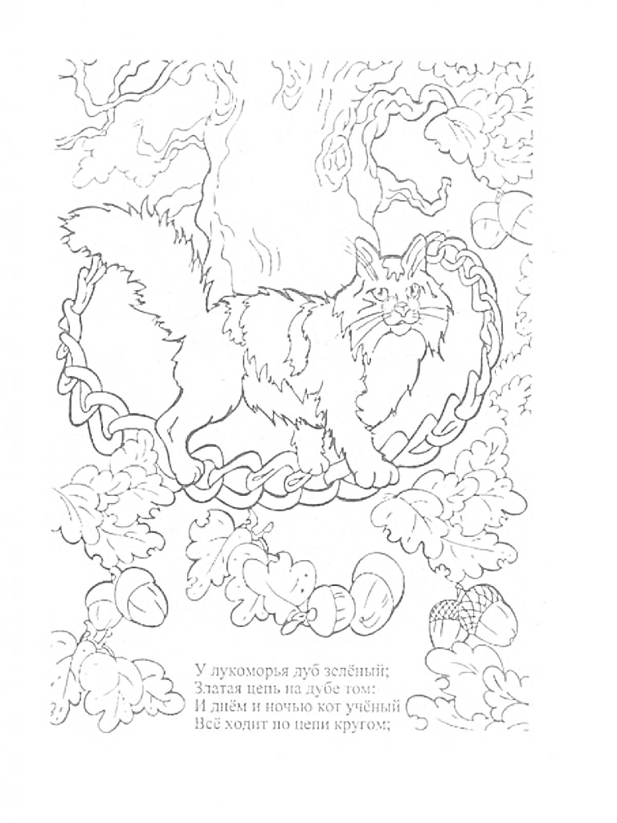 Раскраска Кот на цепи у Лукоморья (дуб, кот, цепь, дубовые листья, желудь)
