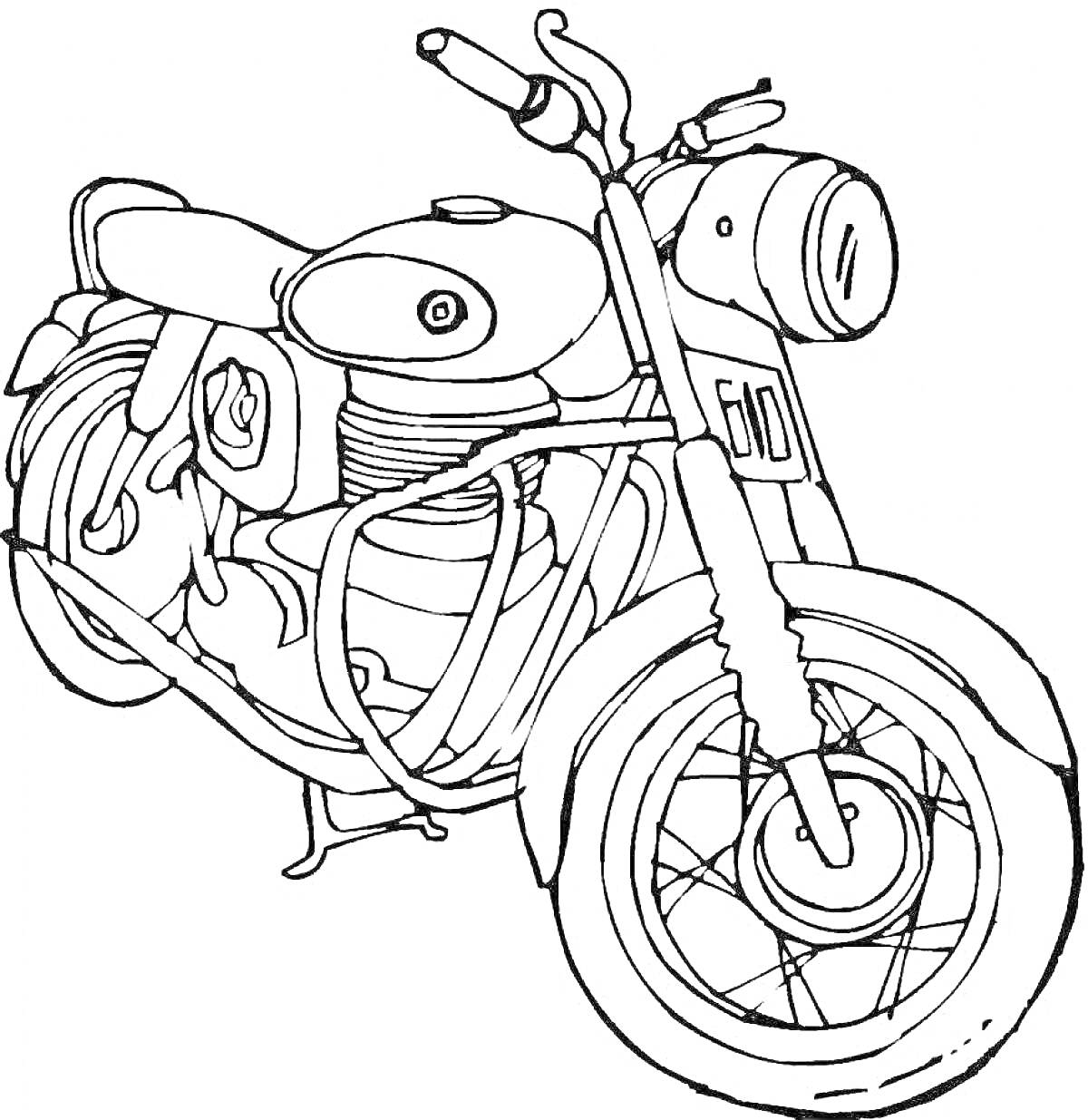 На раскраске изображено: Мотоцикл, Колеса, Фары, Руль, Двигатели, Сидение, Транспорт