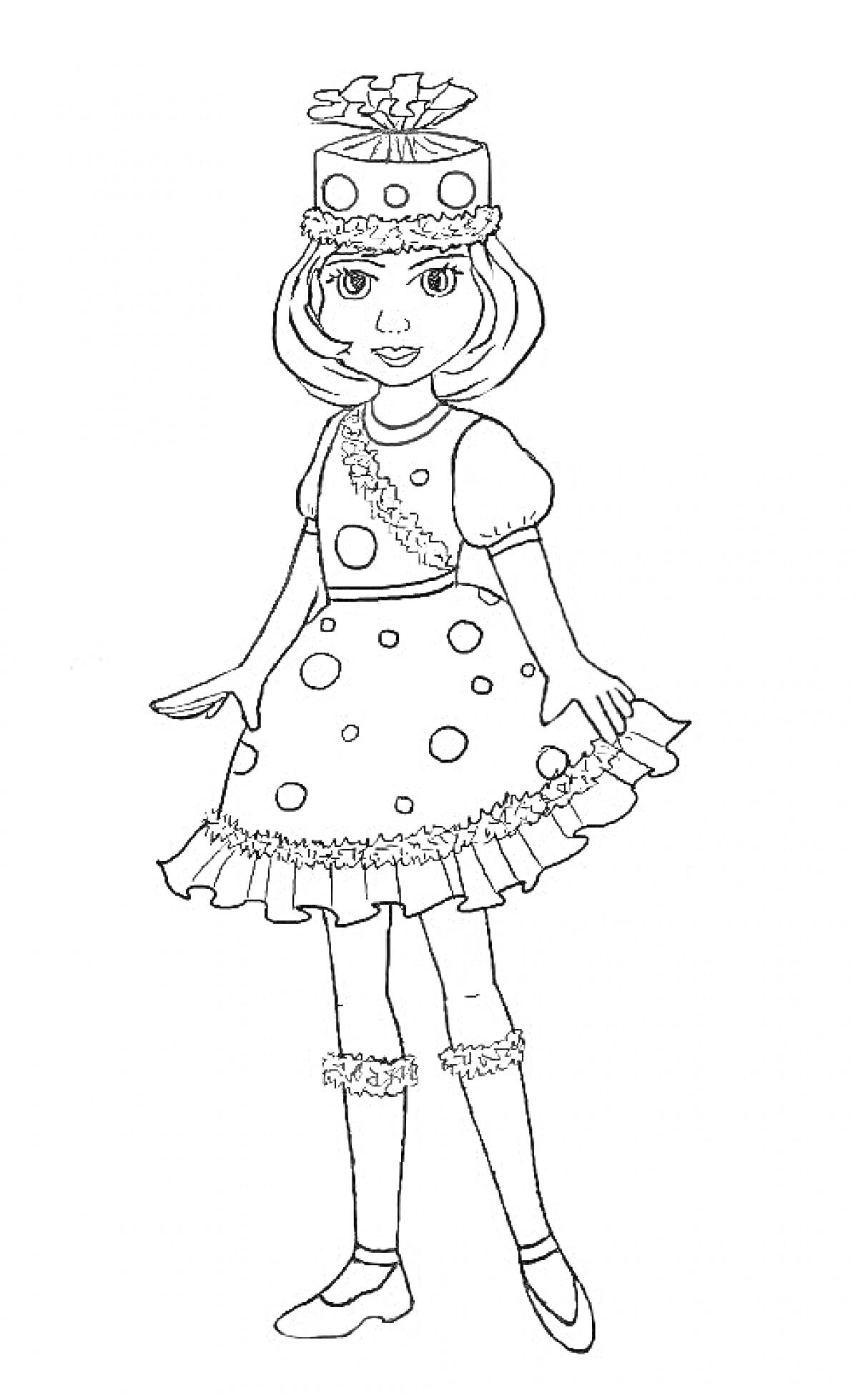  Девочка в костюме хлопушки с шапочкой и платьем в горошек, короткие рукава, оборки на подоле, носки с оборкой, туфли и рукава-фонарики