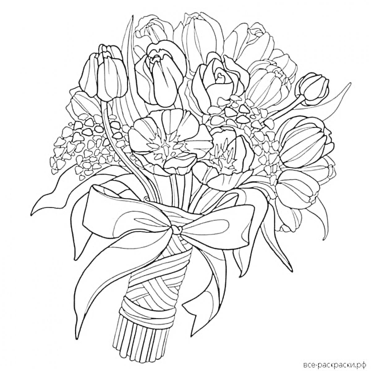 На раскраске изображено: Цветы, Тюльпаны, Лента, Листья, Весна, Букет цветов