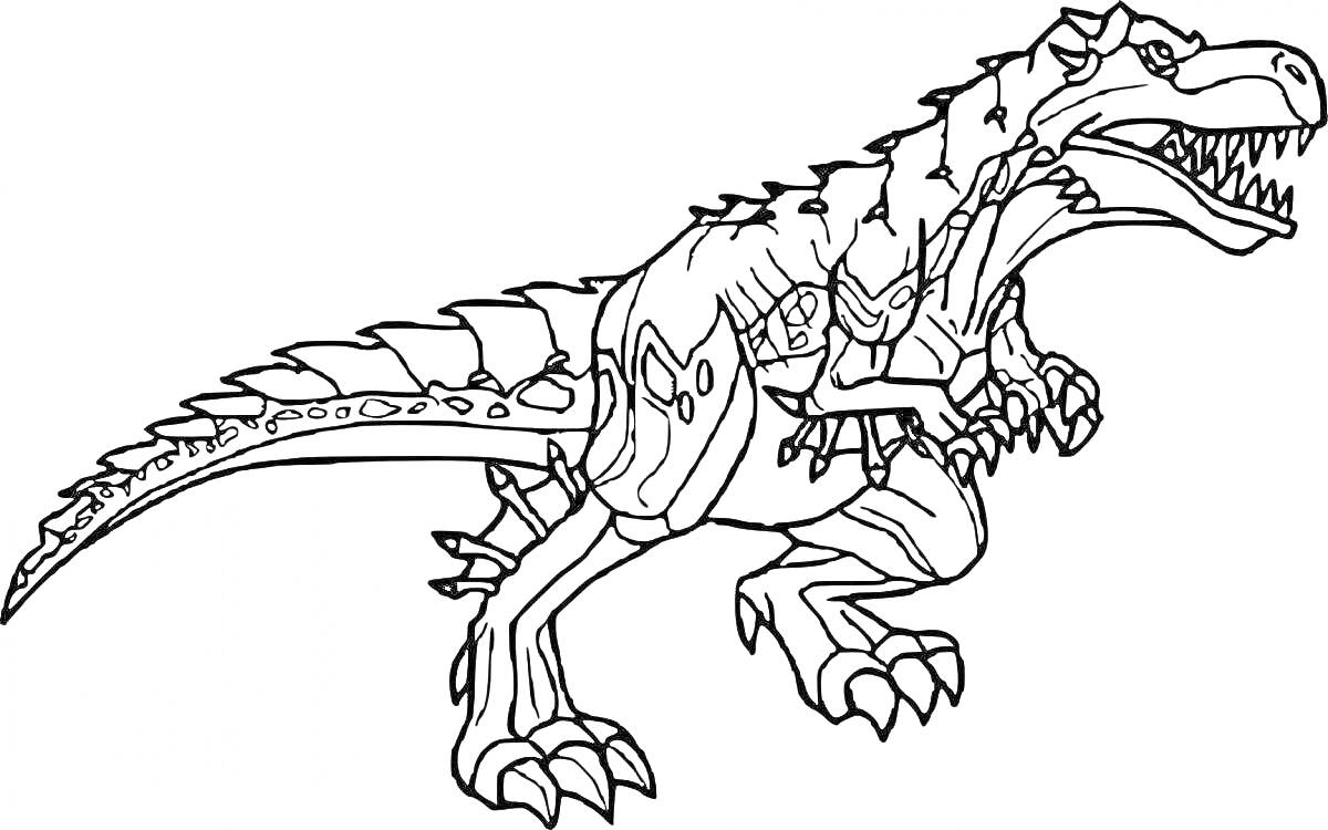 На раскраске изображено: Тирекс, Динозавр, Открытая пасть, Когти, Чешуя, Тираннозавр Рекс, Хищники, Древние животные