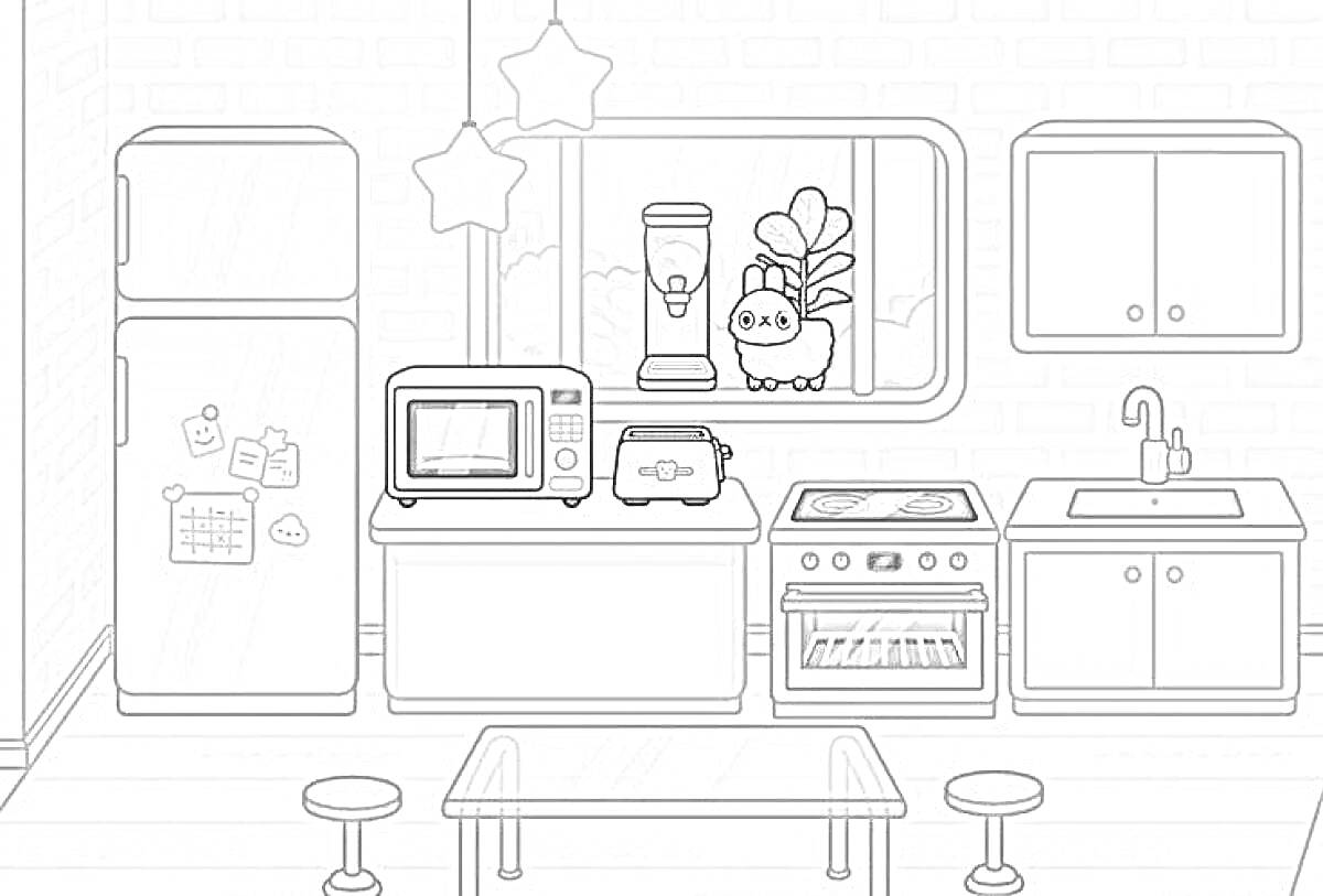Кухня Тока Бока с холодильником, микроволновкой, тостером, духовкой, раковиной и розовой мебелью