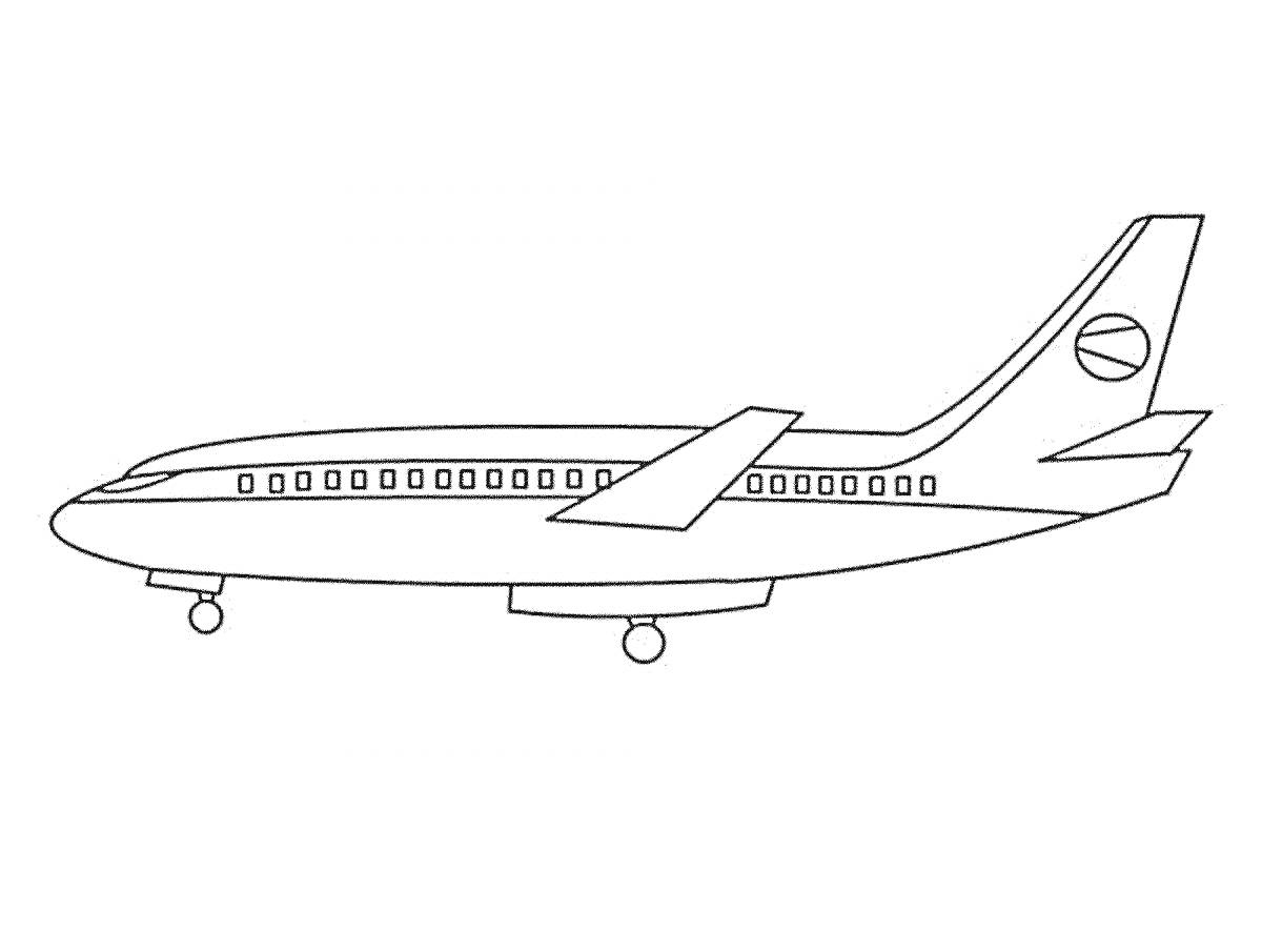 На раскраске изображено: Пассажирский самолет, Крылья, Иллюминаторы, Хвостовой стабилизатор, Шасси, Авиатранспорт
