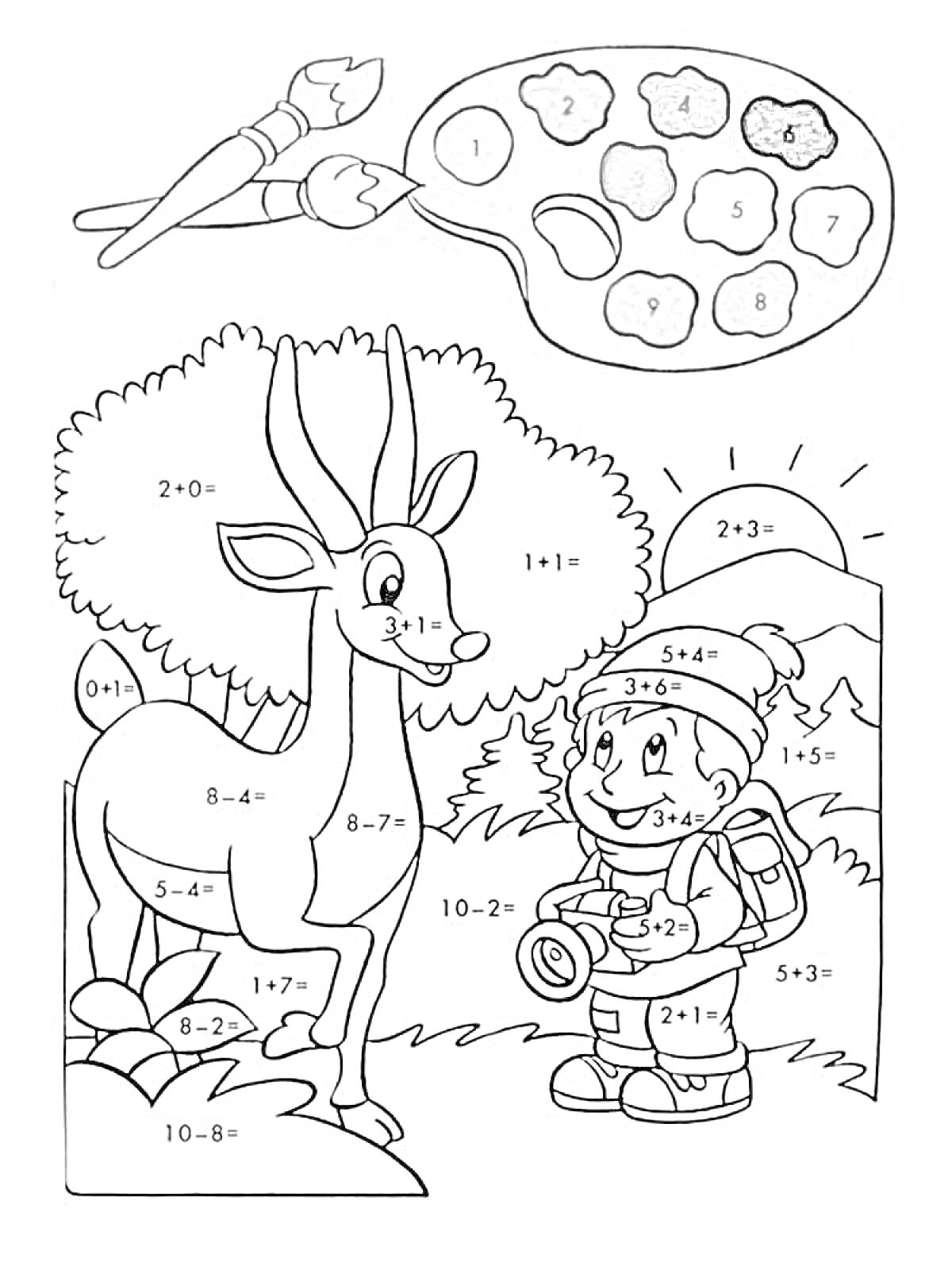 Раскраска Горы, дерево, олень и ребенок с фотоаппаратом