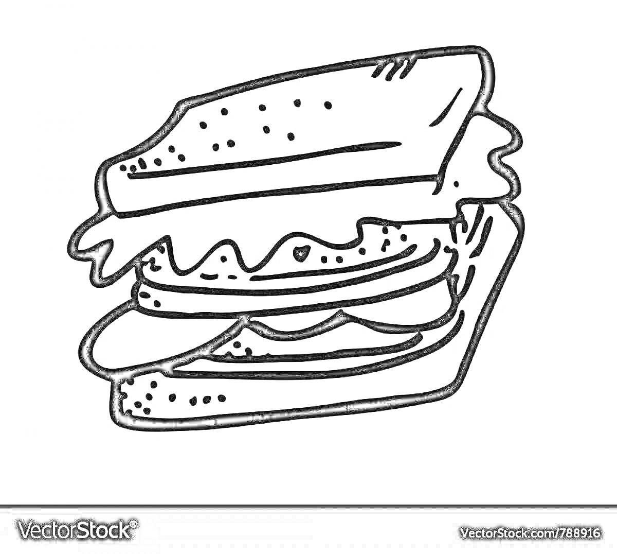 Раскраска Сэндвич с двумя ломтиками хлеба, листом салата и ломтиками помидора