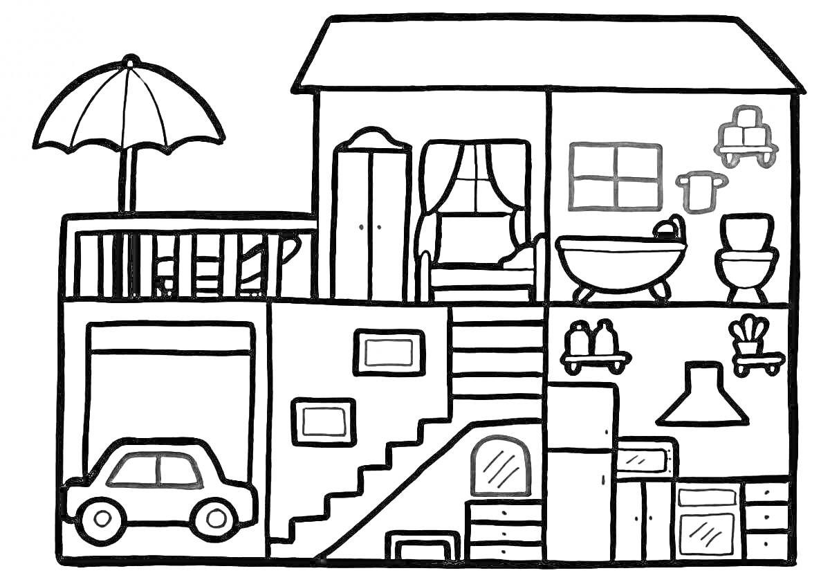 Раскраска Домик с мебелью, включая машину в гараже, зонт в саду, шкаф, диван, окно, ванну, унитаз, кровать, кухонную мебель, вытяжку