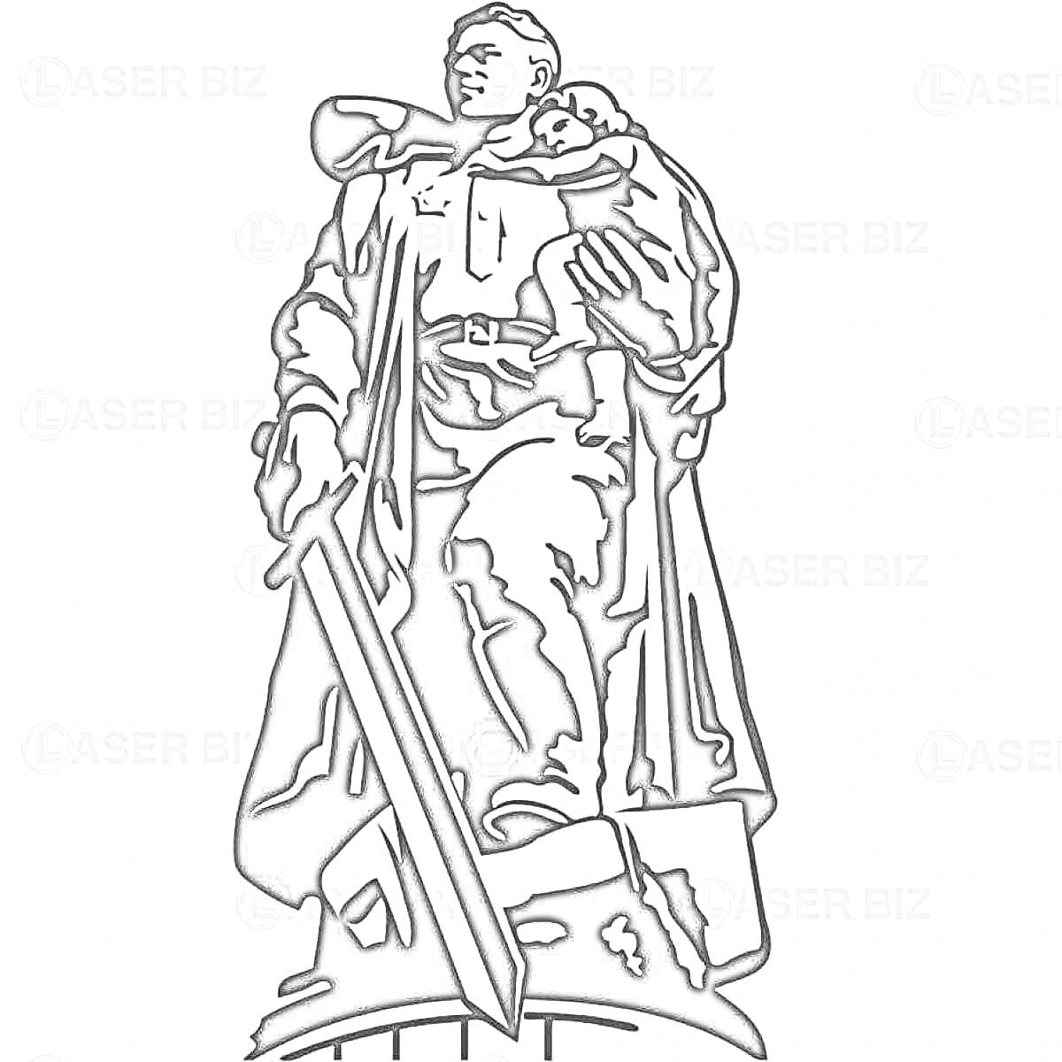 Раскраска Памятник воину с мечом и ребенком на руках