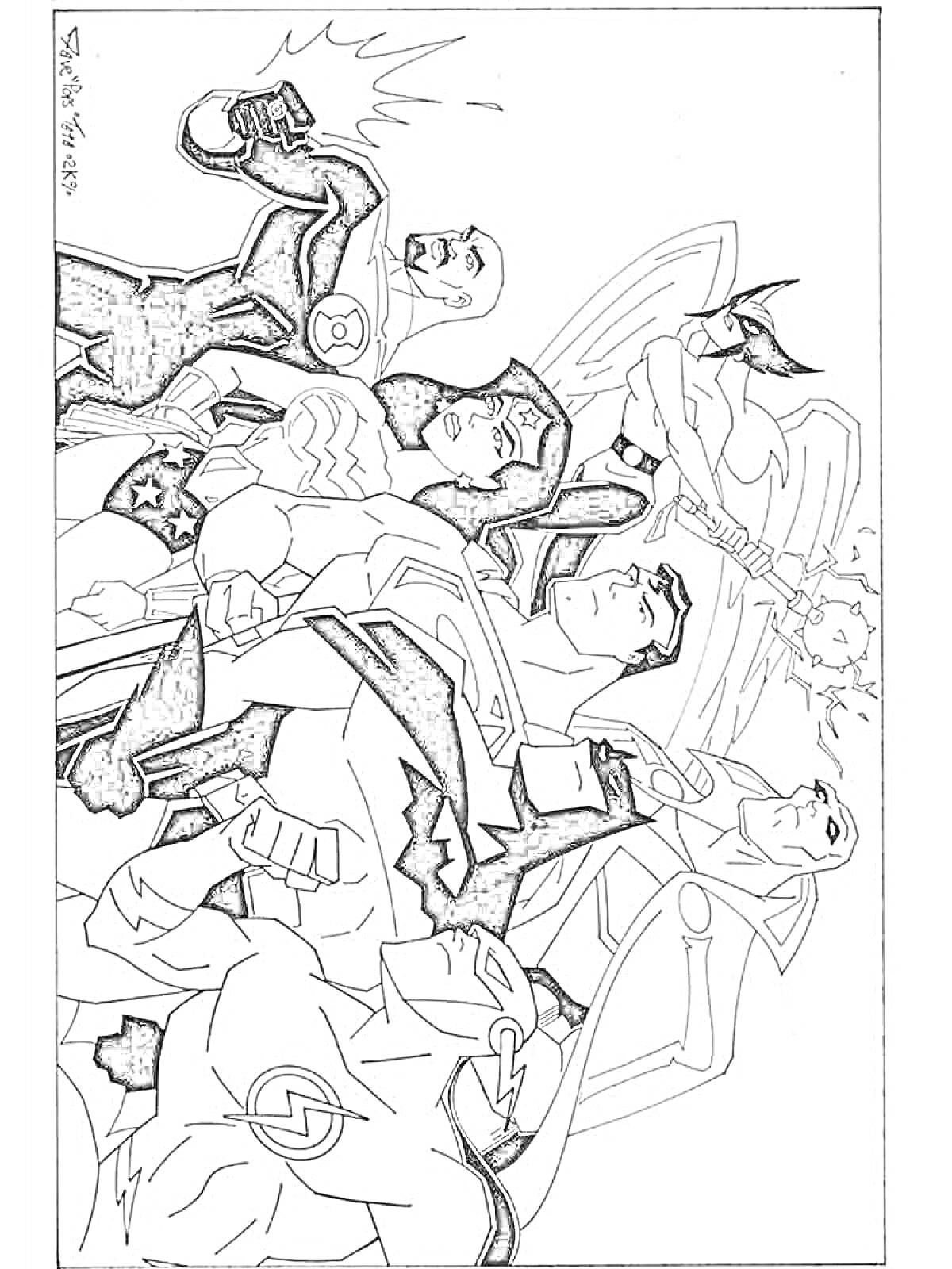 Раскраска Лига Справедливости с участием Киборга, Зелёного Фонаря, Чудо-женщины, Супермена, Бэтмена, Соколиной Девы и Флэша