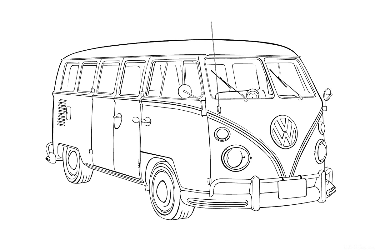 Раскраска Ретро-автобус Volkswagen с узнаваемой эмблемой на капоте