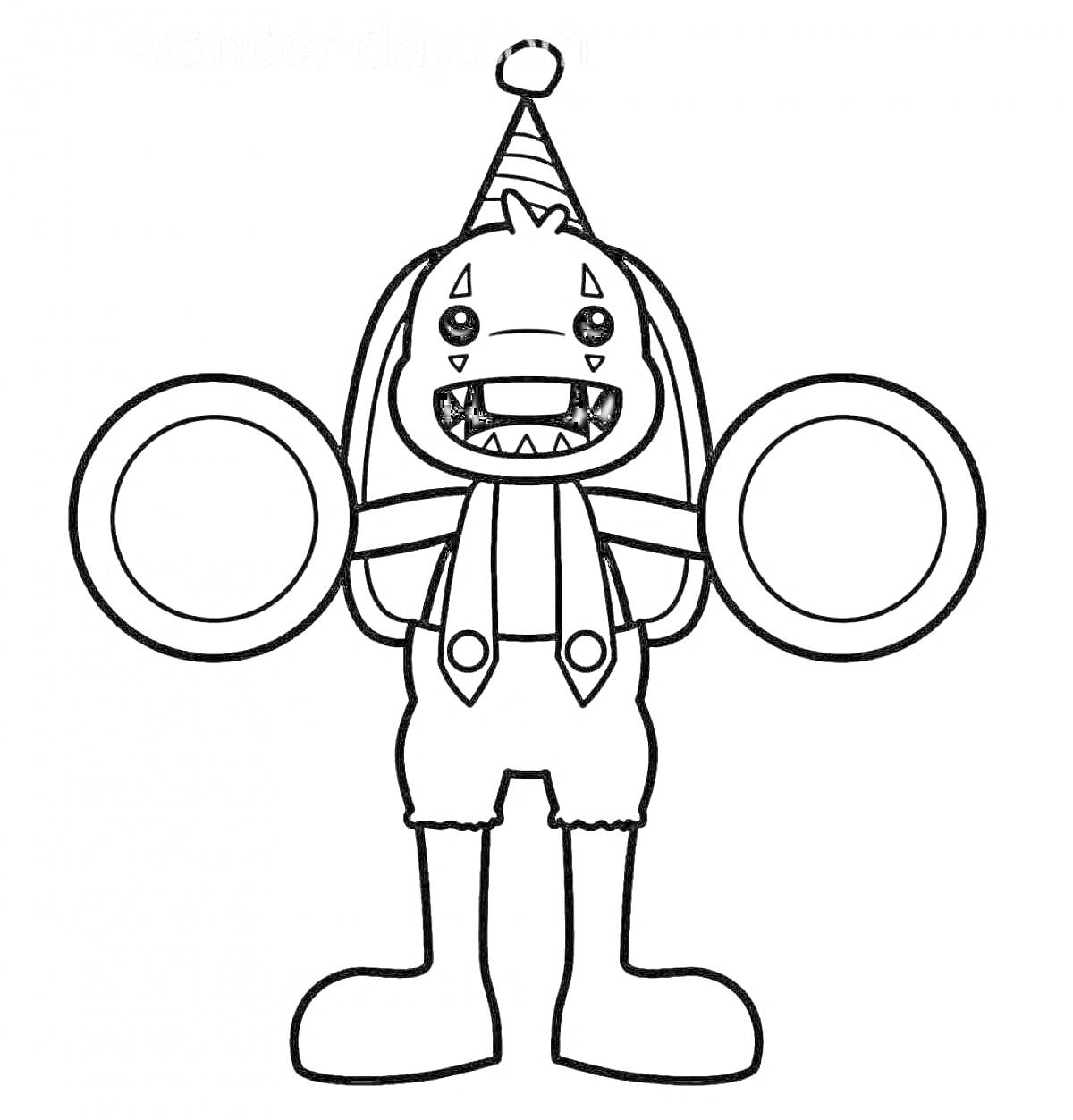 Раскраска Кролик Бонзо в праздничной шапке с клоунскими барабанами