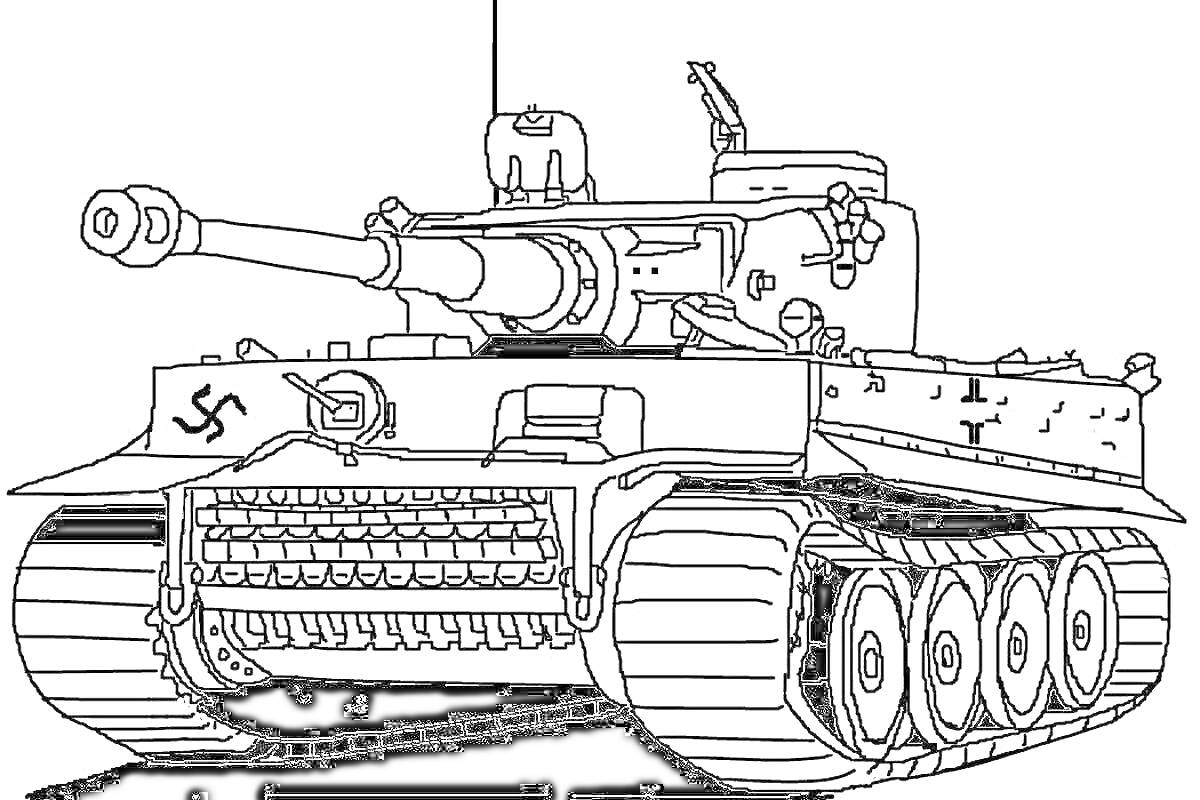 Раскраска Раскраска танка Тигр с пушкой, гусеницами и символами на корпусе