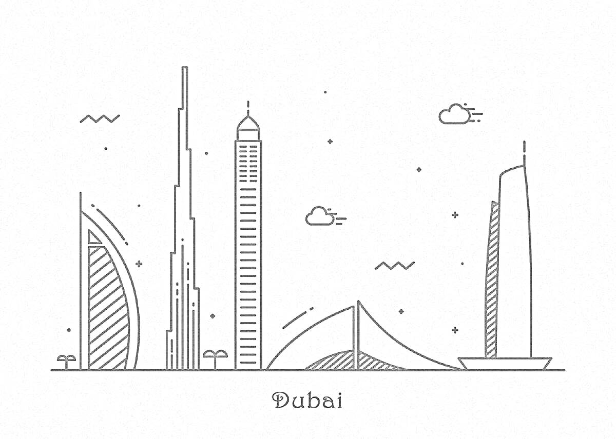 Раскраска Линейный рисунок городского пейзажа Дубая с изображением известных небоскребов и архитектурных сооружений.