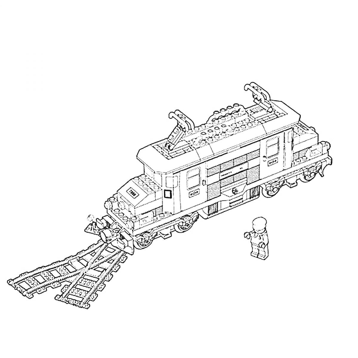 Раскраска Поезд-призрак на рельсах со строительными элементами и фигурки человечка