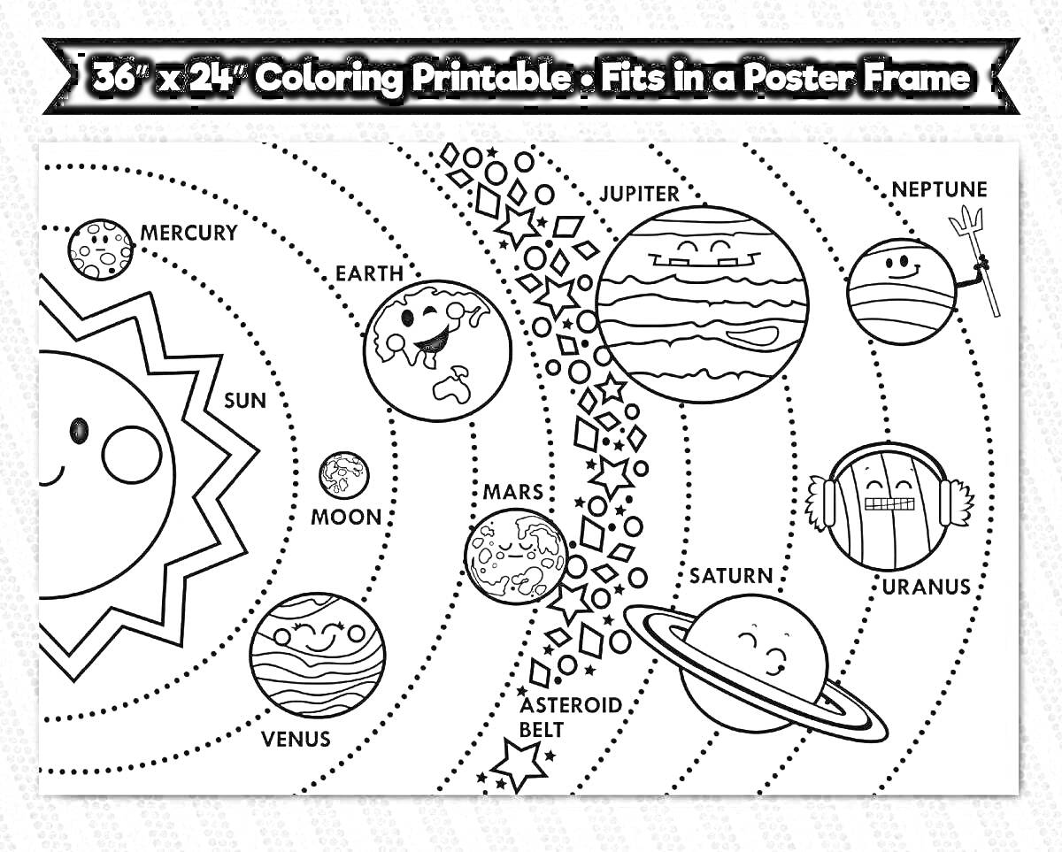 На раскраске изображено: Солнечная система, Планеты, Солнце, Меркурий, Венера, Земля, Луна, Марс, Юпитер, Сатурн, Уран, Нептун, Обучение, Космос, Астрономия