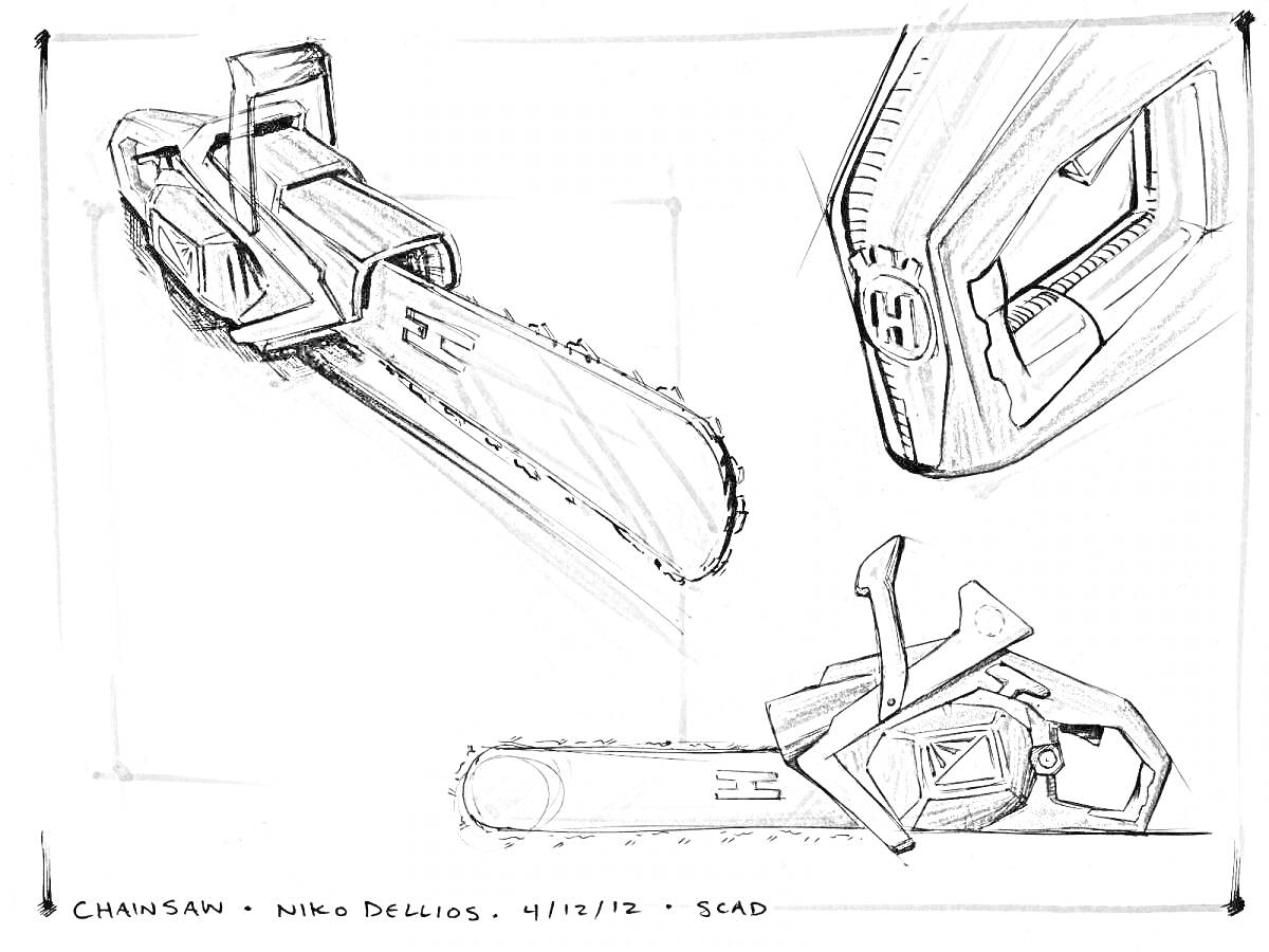 Бензопила с разными ракурсами: вид сбоку, вид сверху, крупным планом на рукоятку.