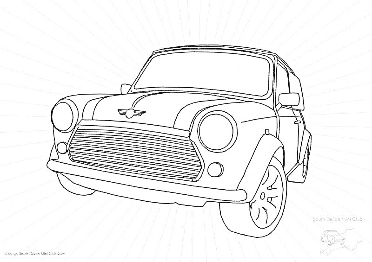 На раскраске изображено: Мини купер, Классический автомобиль, Фары, Колесные диски