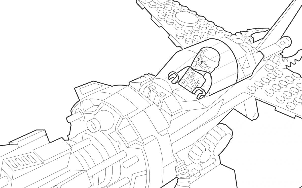 Раскраска Лего самолет с фигуркой пилота в кабине, крупными крыльями и деталями фюзеляжа
