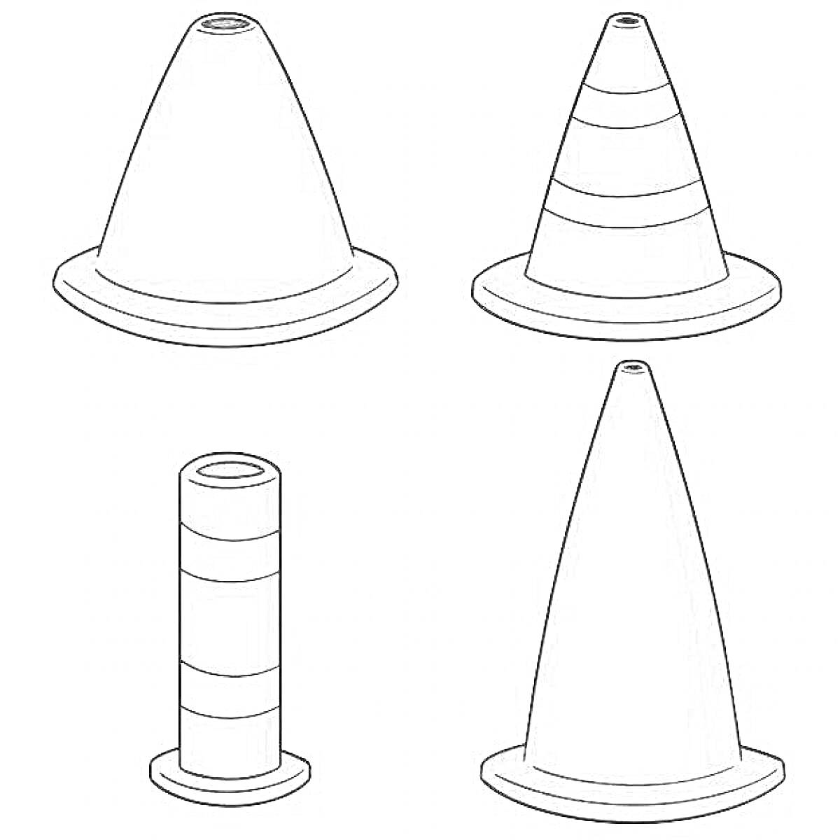Раскраска Дорожные конусы с полосками и без полосок