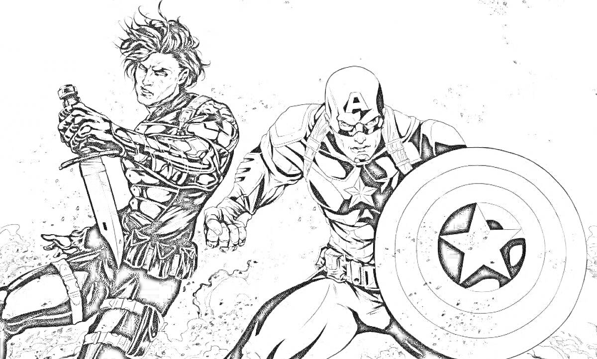 Раскраска Два супергероя, один с протезом руки и мечом, другой с щитом со звездой