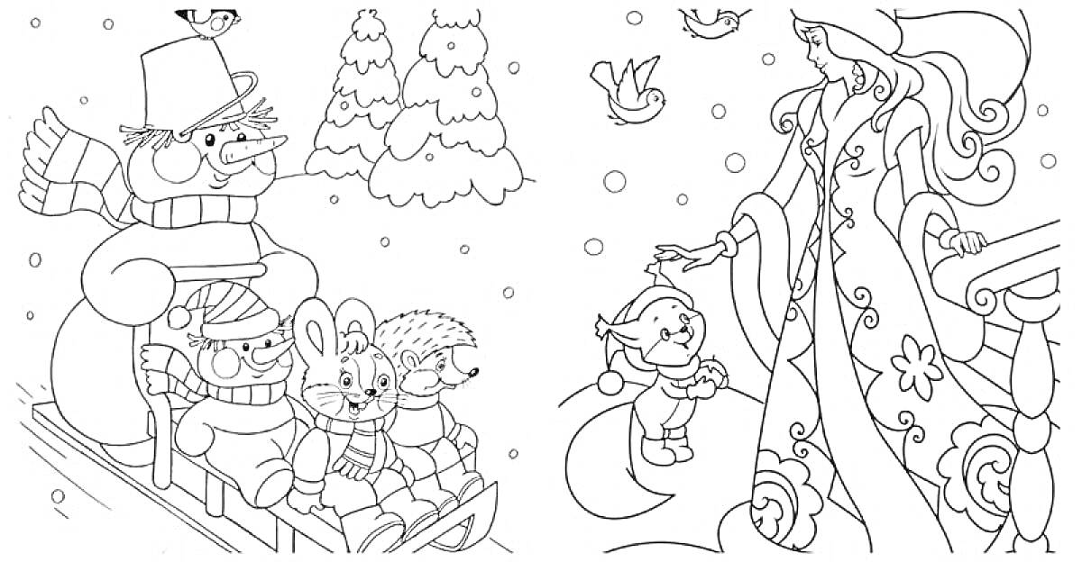 Раскраска Снеговик в шляпе, дети (медведь, заяц и ёжик) на санях, зимний лес, птица, снег, Снегурочка с девочкой, снеговик, снежинки