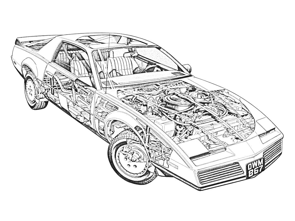 Раскраска Раскраска Понтиак с видимыми элементами двигателя и интерьера салона