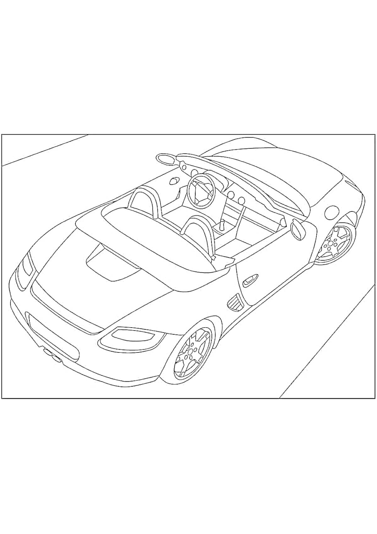 На раскраске изображено: Спортивный автомобиль, Porsche, Кабриолет, Сидения, Руль, Колёса, Фары