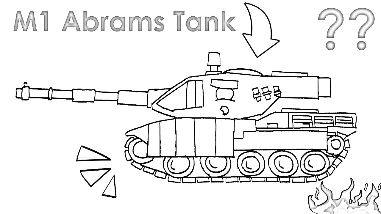 На раскраске изображено: Танк, Огонь, Вопросительные знаки, Военная техника