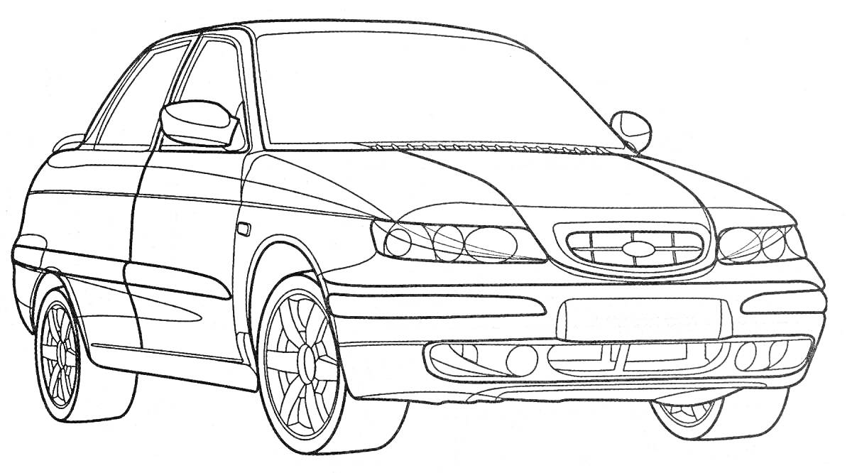 Раскраска Лада Приора, автомобиль в перспективе, вид спереди-сбоку, без фона
