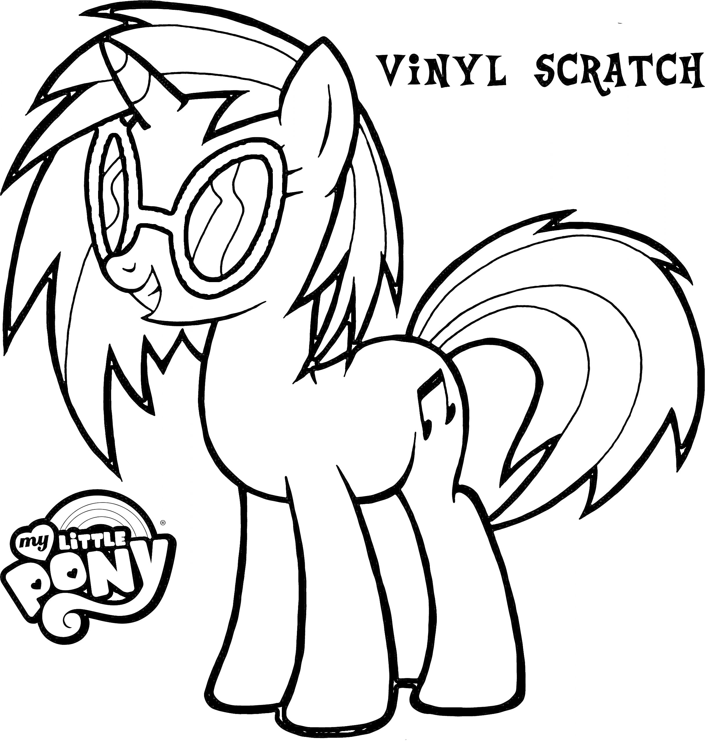 Раскраска Пони с очками и музыкальной нотой на боку, надпись VINYL SCRATCH, логотип My Little Pony