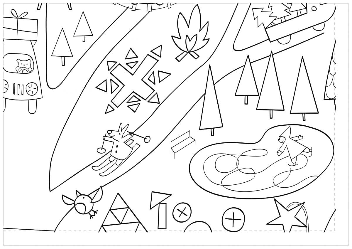 Большая новогодняя раскраска с автомобилем, ёлками, снежинкой, оленем на санях, катком, фигуристом, подарком, лавочкой и машинкой с ёлкой.