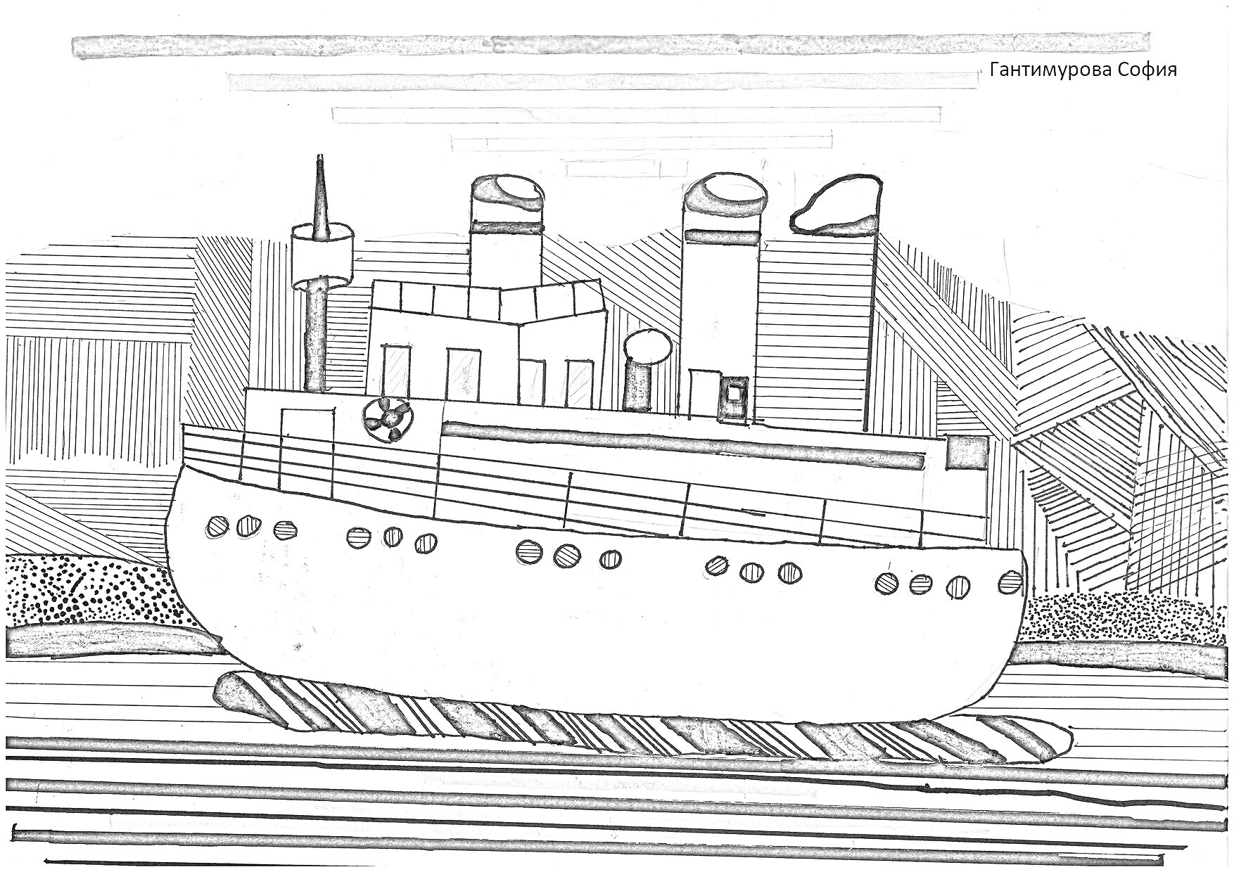 На раскраске изображено: Ледокол, Корабль, Арктика, Иллюминаторы, Волны, Облака