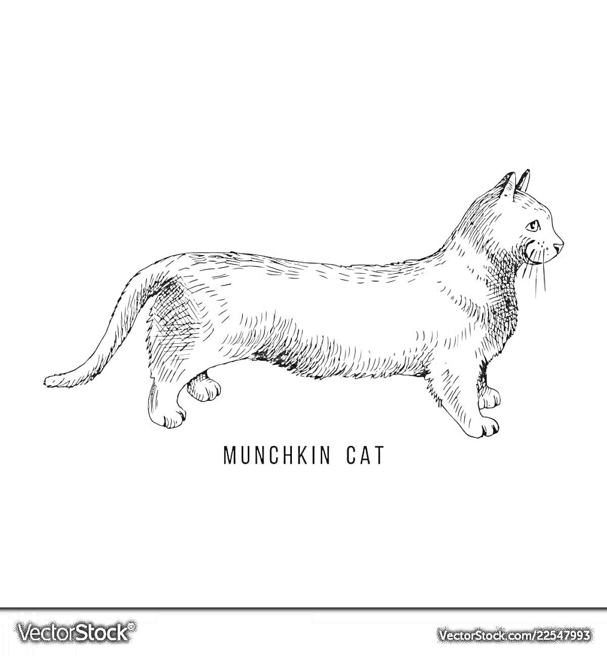 Раскраска Munchkin Cat - изображение кошки с короткими ногами, удлиненное тело, текст «Munchkin Cat»