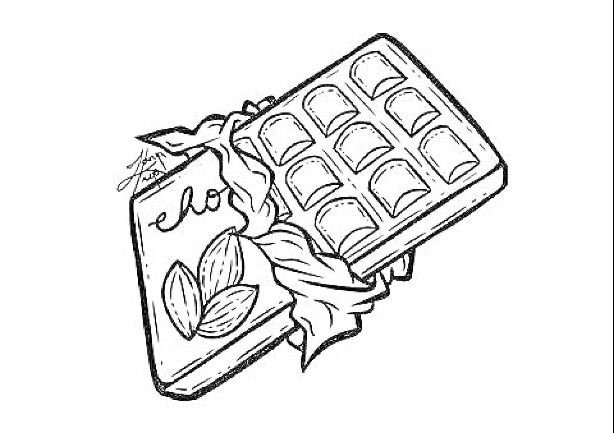 Раскраска шоколадная плитка с орехами и развёрнутой упаковкой